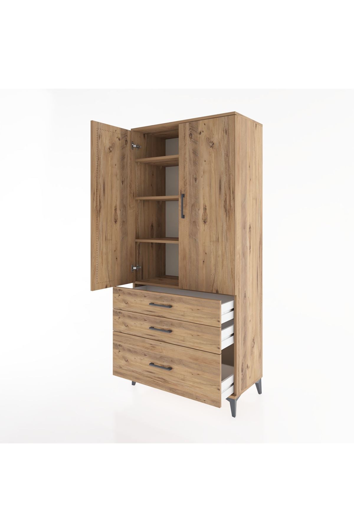 Hyperion Dolap 4 Raflı 3 Çekmeceli 2 Kapaklı 88x44x195 Çam-Çam