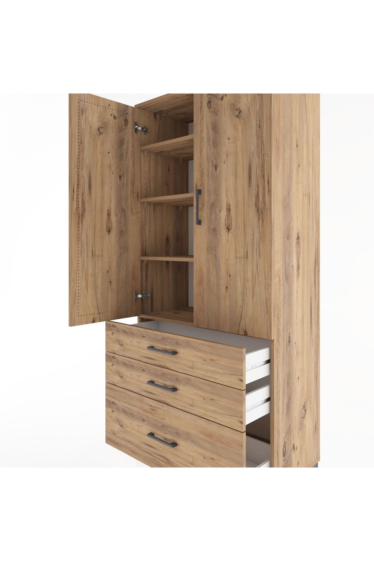 Hyperion Dolap 4 Raflı 3 Çekmeceli 2 Kapaklı 88x44x195 Çam-Çam