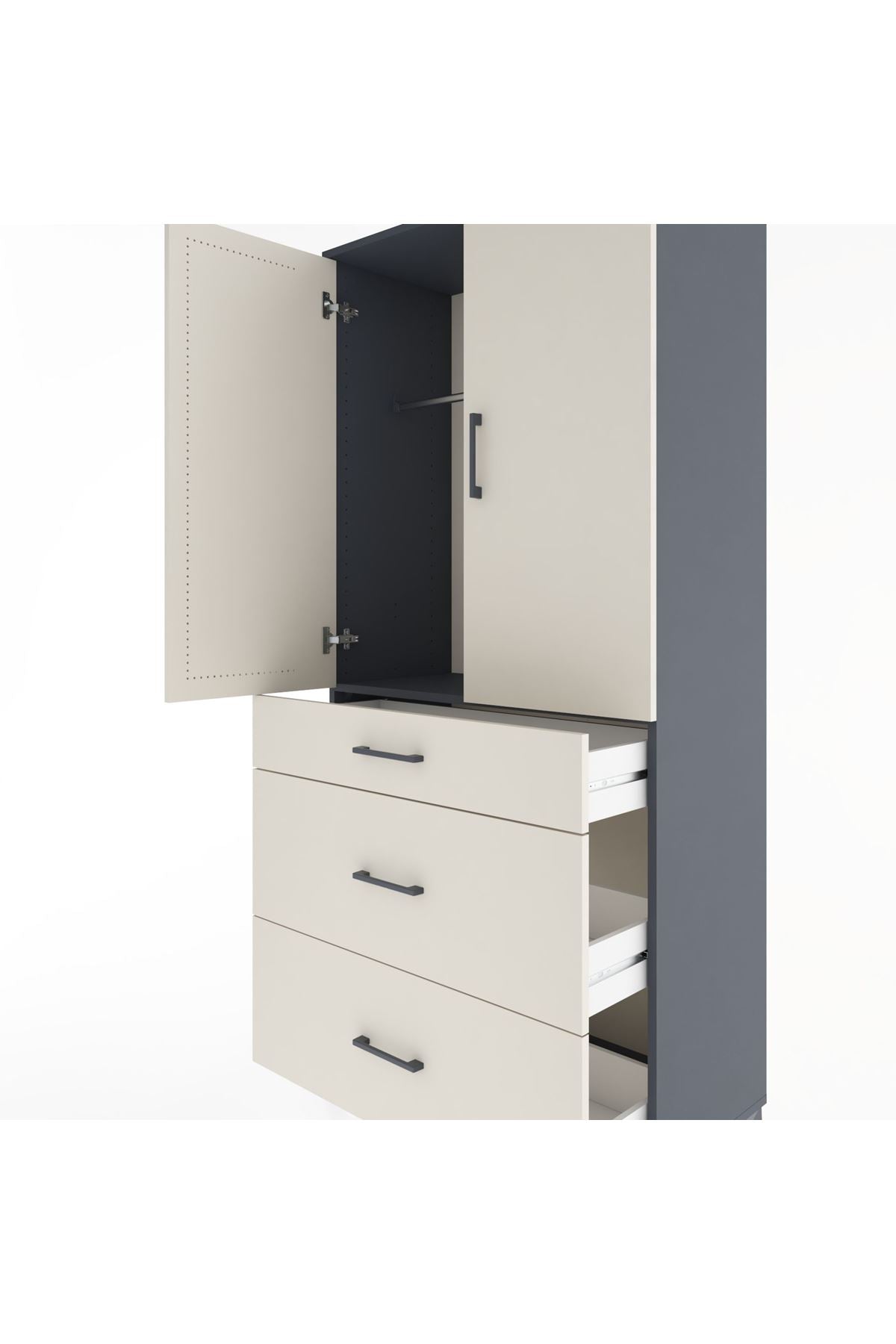 Hyperion Dolap Tek Raflı 3 Çekmeceli Tek Askılı 88x44x195 Antrasit-Aytaşı