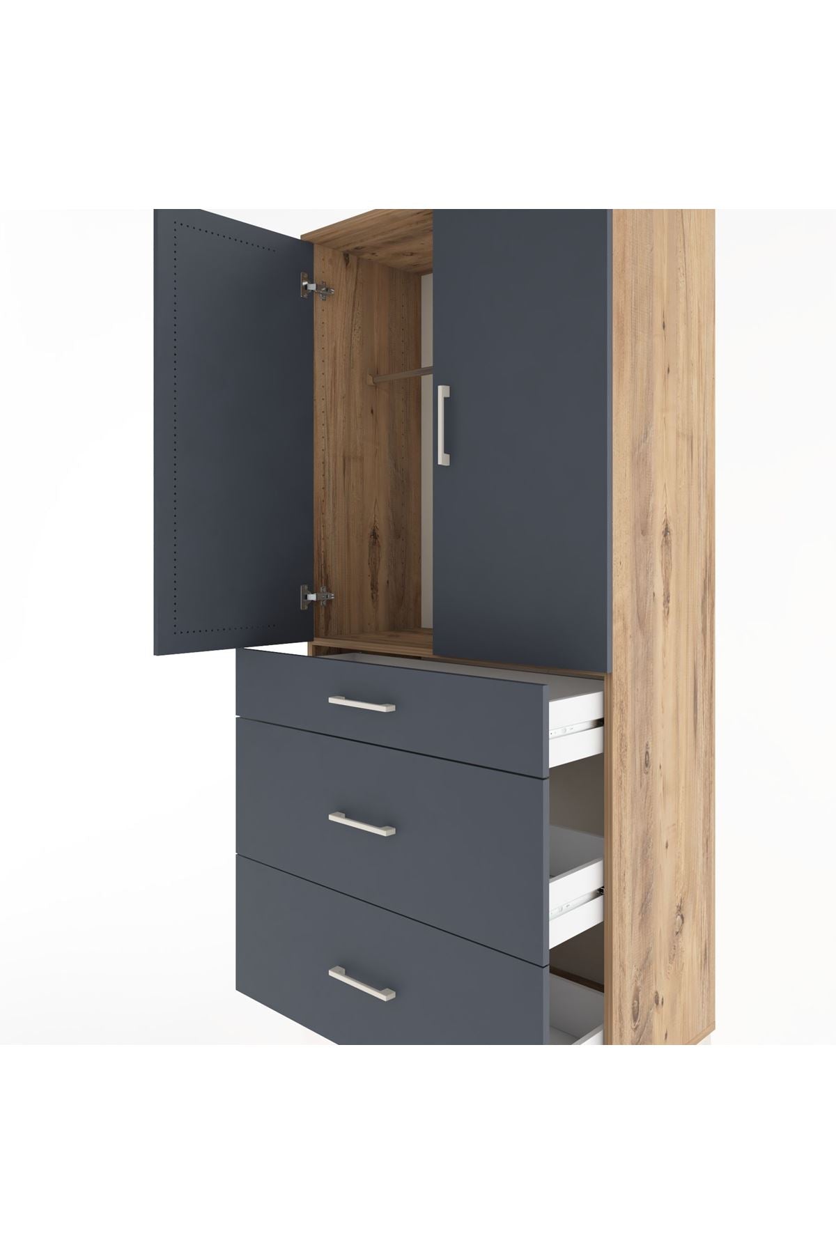 Hyperion Dolap Tek Raflı 3 Çekmeceli Tek Askılı 88x44x195 Çam-Antrasit
