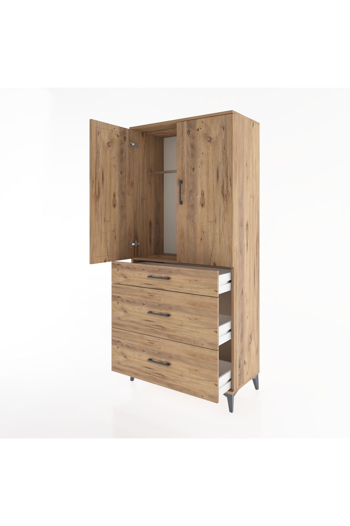 Hyperion Dolap Tek Raflı 3 Çekmeceli Tek Askılı 88x44x195 Çam-Çam