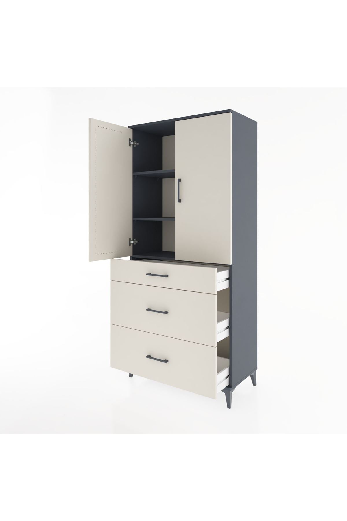 Hyperion Dolap 3 Raflı 3 Çekmeceli 2 Kapaklı 88x44x195 Antrasit-Aytaşı