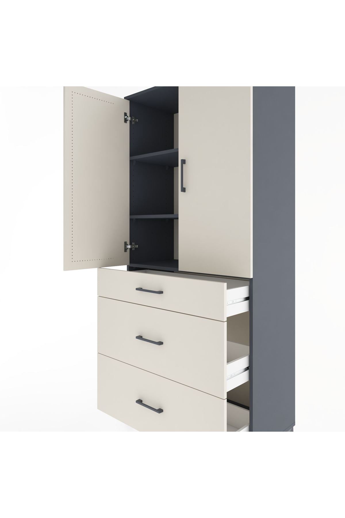 Hyperion Dolap 3 Raflı 3 Çekmeceli 2 Kapaklı 88x44x195 Antrasit-Aytaşı
