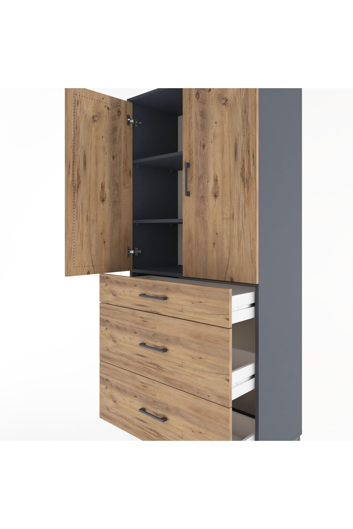 Hyperion Dolap 3 Raflı 3 Çekmeceli 2 Kapaklı 88x44x195 Antrasit-Çam