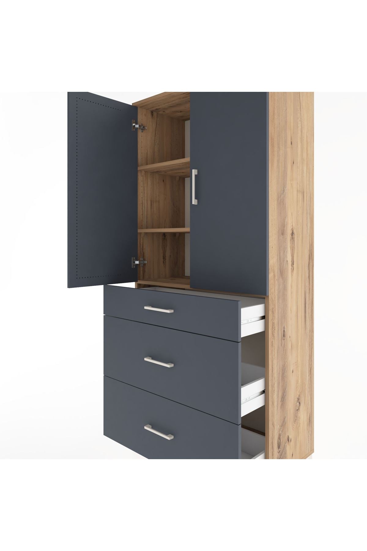 Hyperion Dolap 3 Raflı 3 Çekmeceli 2 Kapaklı 88x44x195 Çam-Antrasit