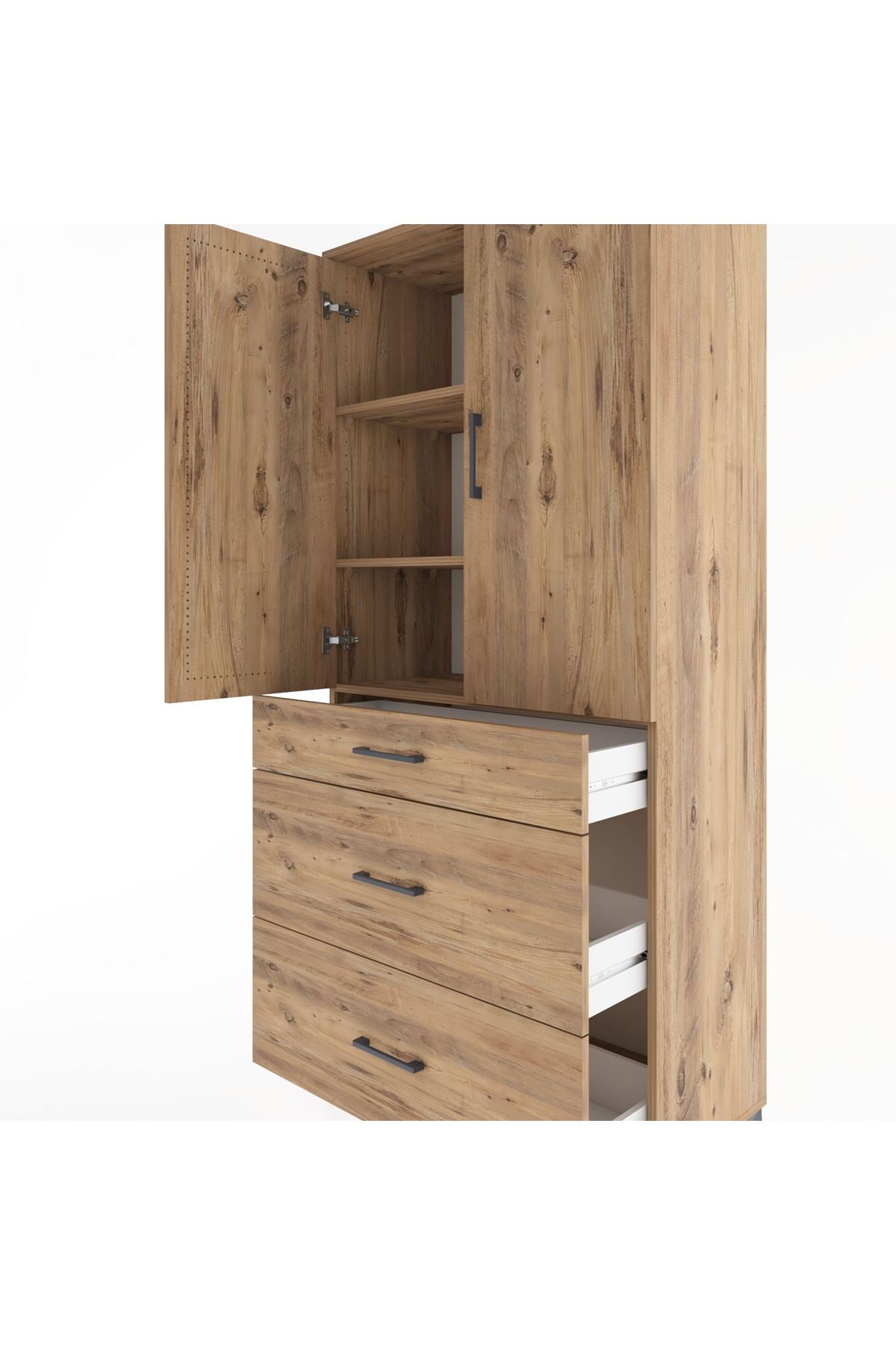 Hyperion Dolap 3 Raflı 3 Çekmeceli 2 Kapaklı 88x44x195 Çam-Çam