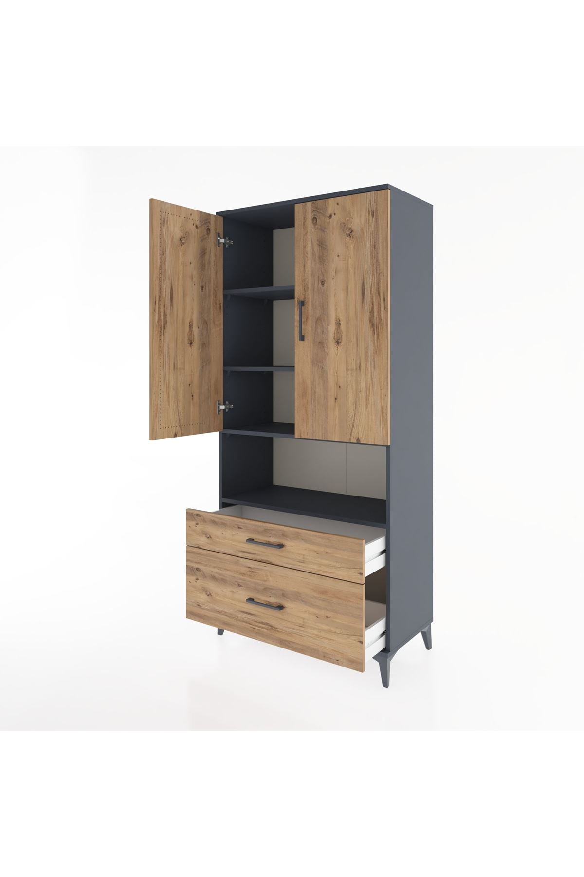 Hyperion Dolap 4 Raflı 2 Çekmeceli 2 Kapaklı 88x44x195 Antrasit-Çam