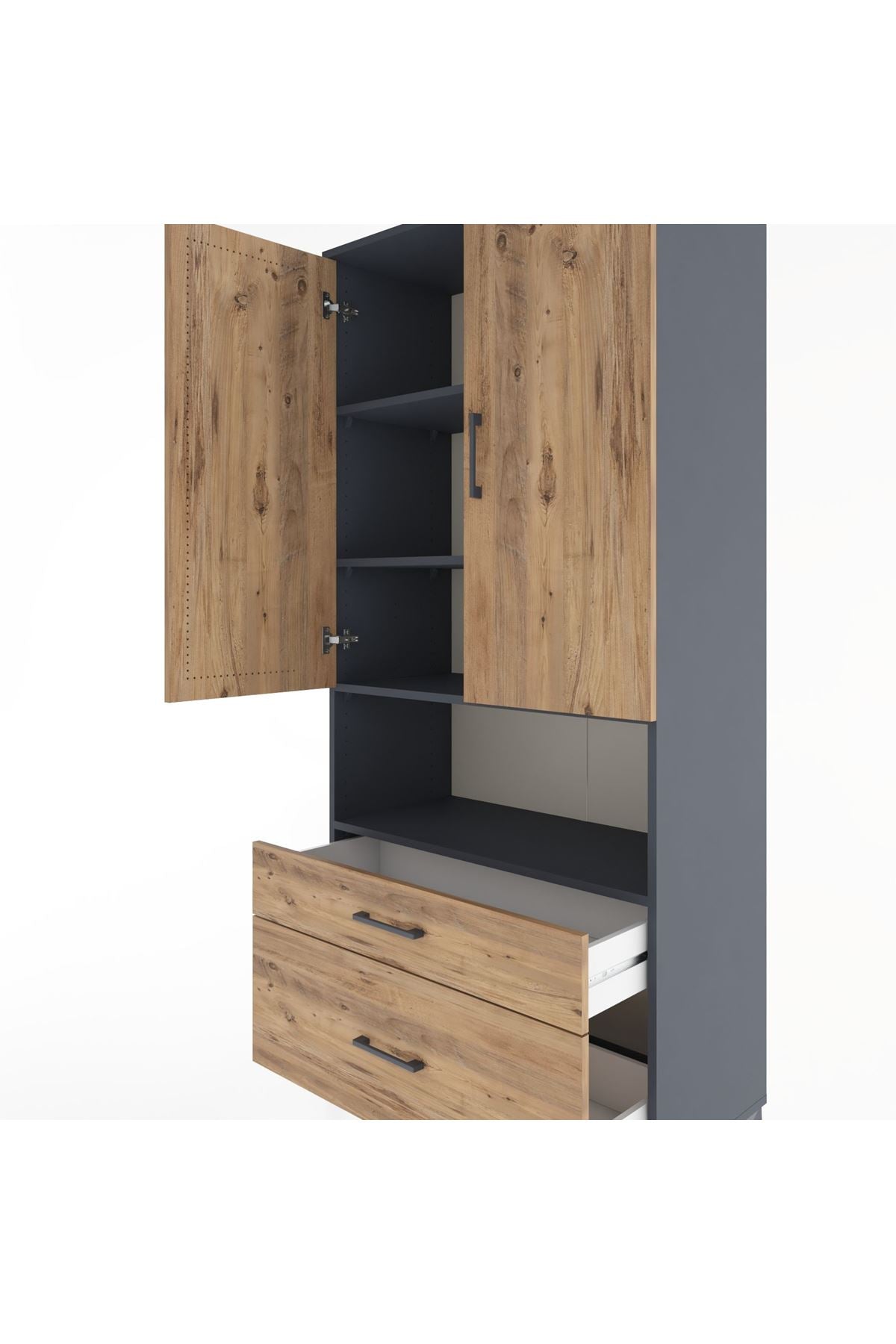 Hyperion Dolap 4 Raflı 2 Çekmeceli 2 Kapaklı 88x44x195 Antrasit-Çam