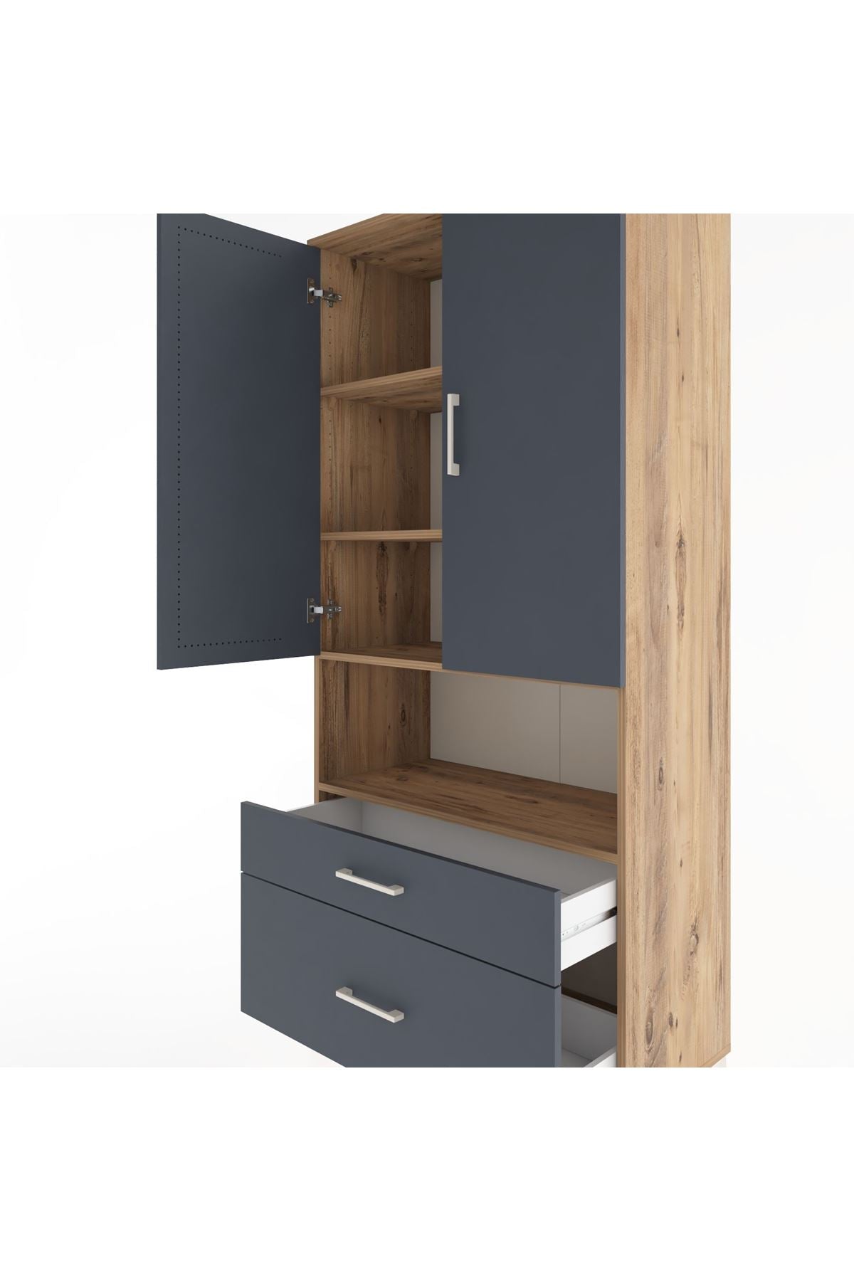 Hyperion Dolap 4 Raflı 2 Çekmeceli 2 Kapaklı 88x44x195 Çam-Antrasit