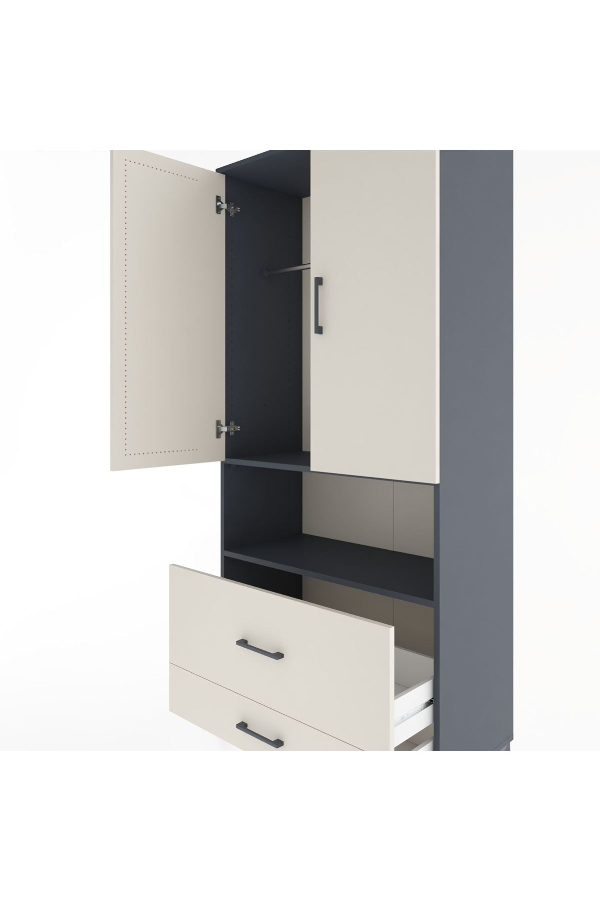 Hyperion Dolap 2 Raflı 2 Çekmeceli Tek Askılı 88x44x195 Antrasit-Aytaşı