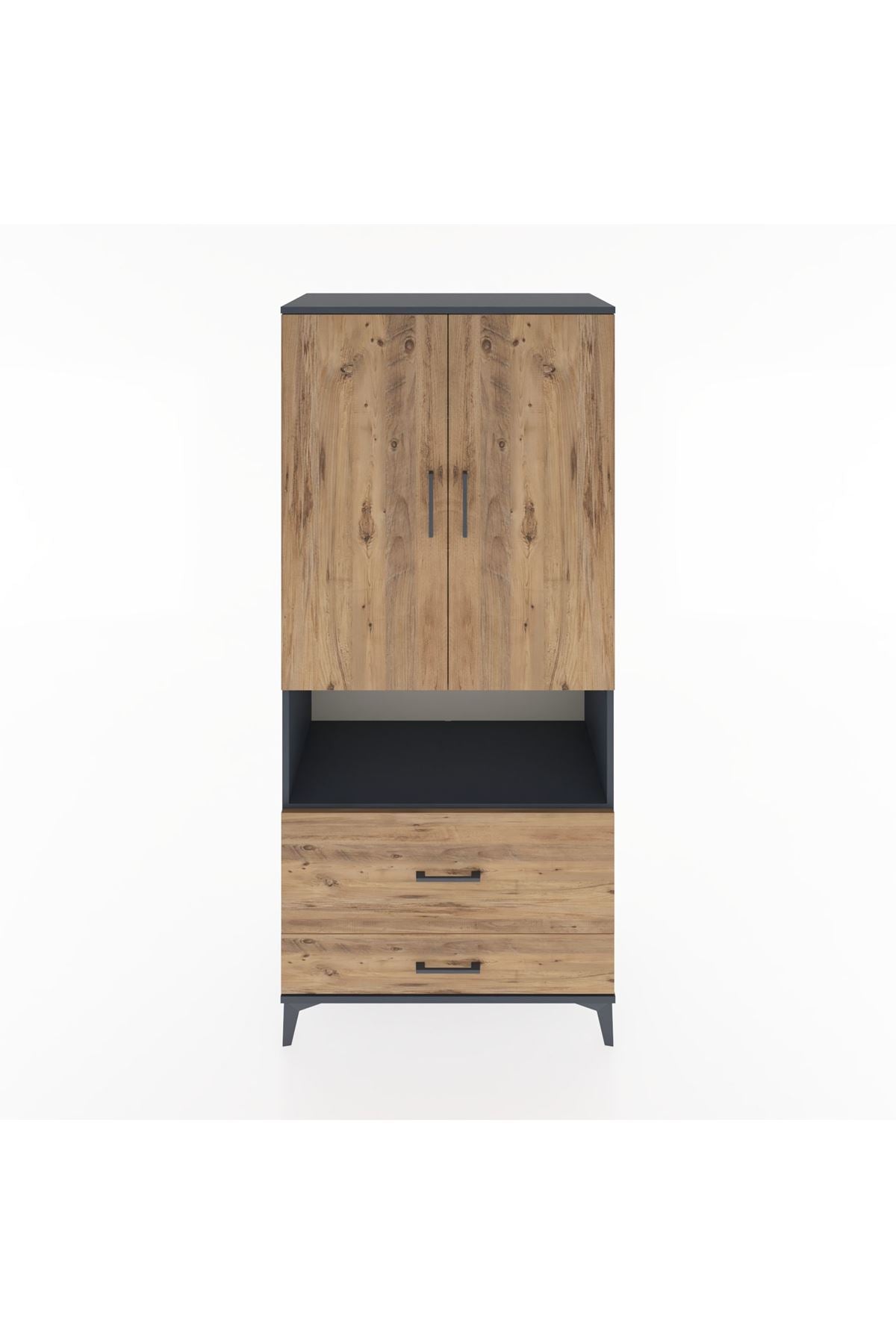 Hyperion Dolap 2 Raflı 2 Çekmeceli Tek Askılı 88x44x195 Antrasit-Çam