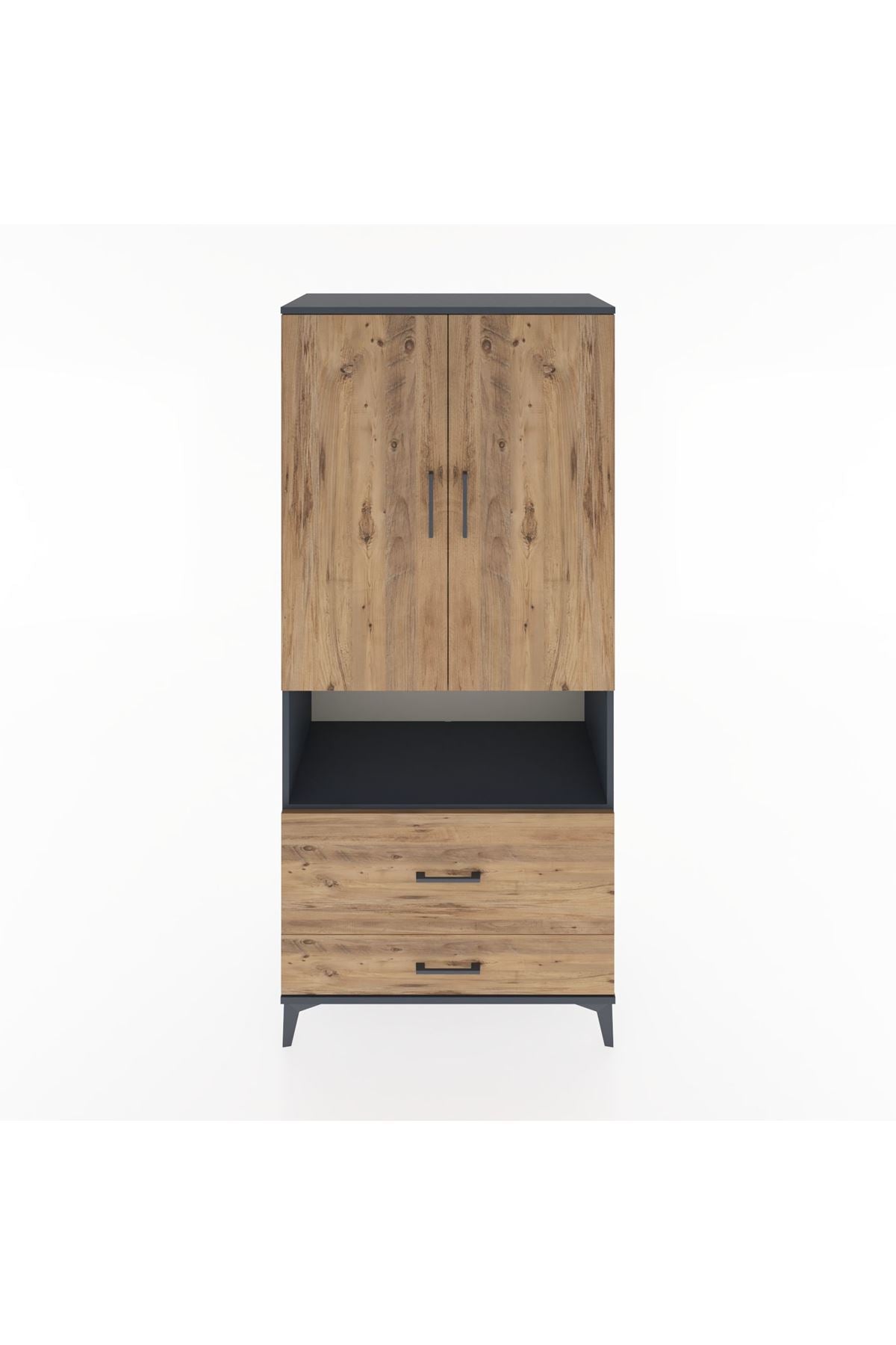 Hyperion Dolap 4 Raflı 2 Çekmeceli 2 Kapaklı 88x44x195 Antrasit-Çam