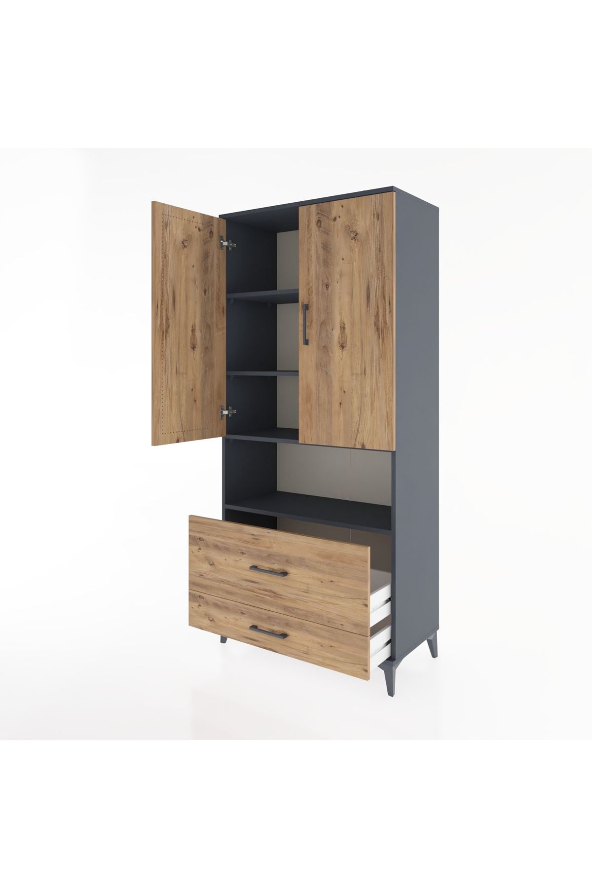 Hyperion Dolap 4 Raflı 2 Çekmeceli 2 Kapaklı 88x44x195 Antrasit-Çam