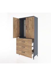 Hyperion Dolap Tek Raflı 3 Çekmeceli Tek Askılı 88x44x195 Antrasit-Çam