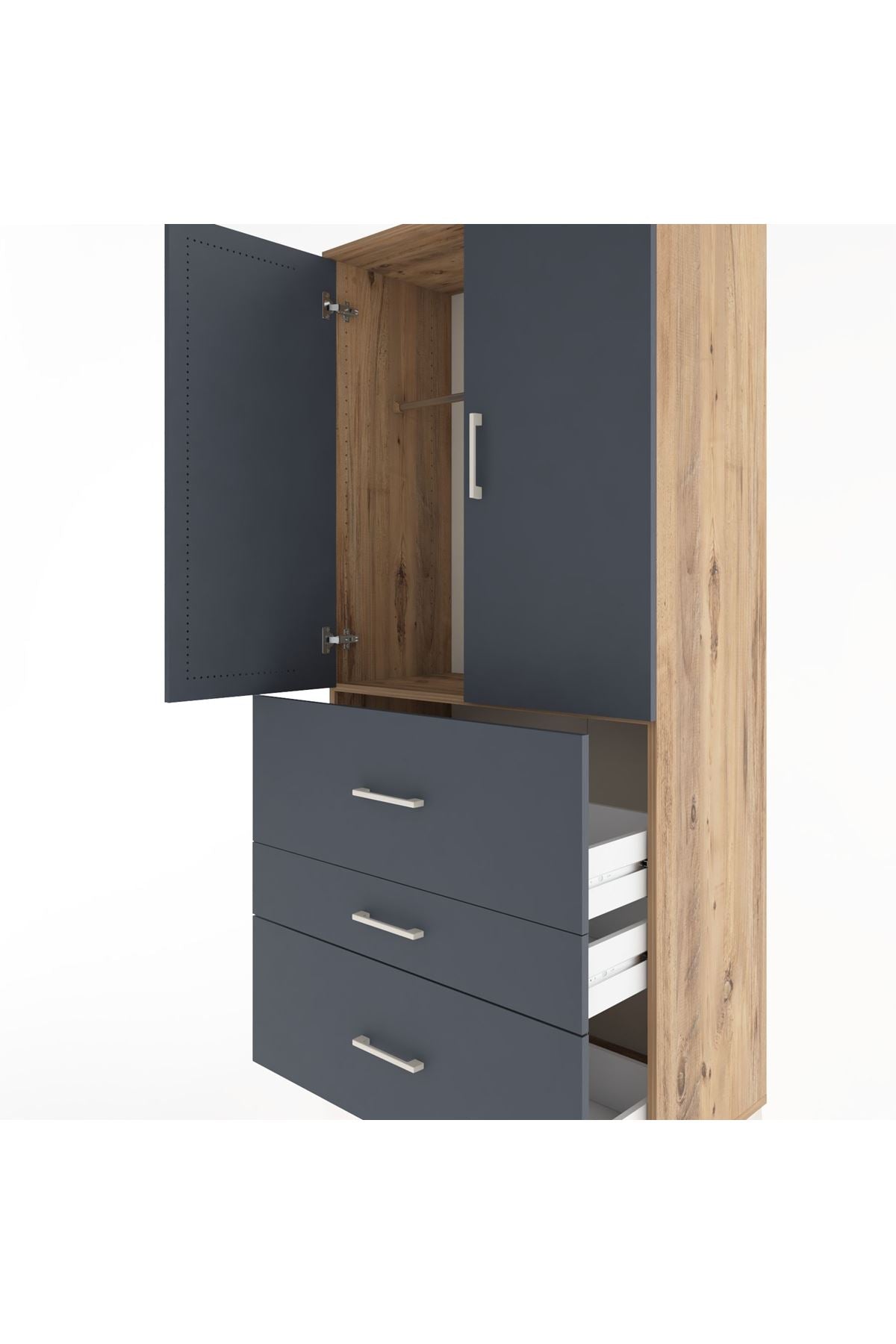 Hyperion Dolap Tek Raflı 3 Çekmeceli Tek Askılı 88x44x195 Çam-Antrasit