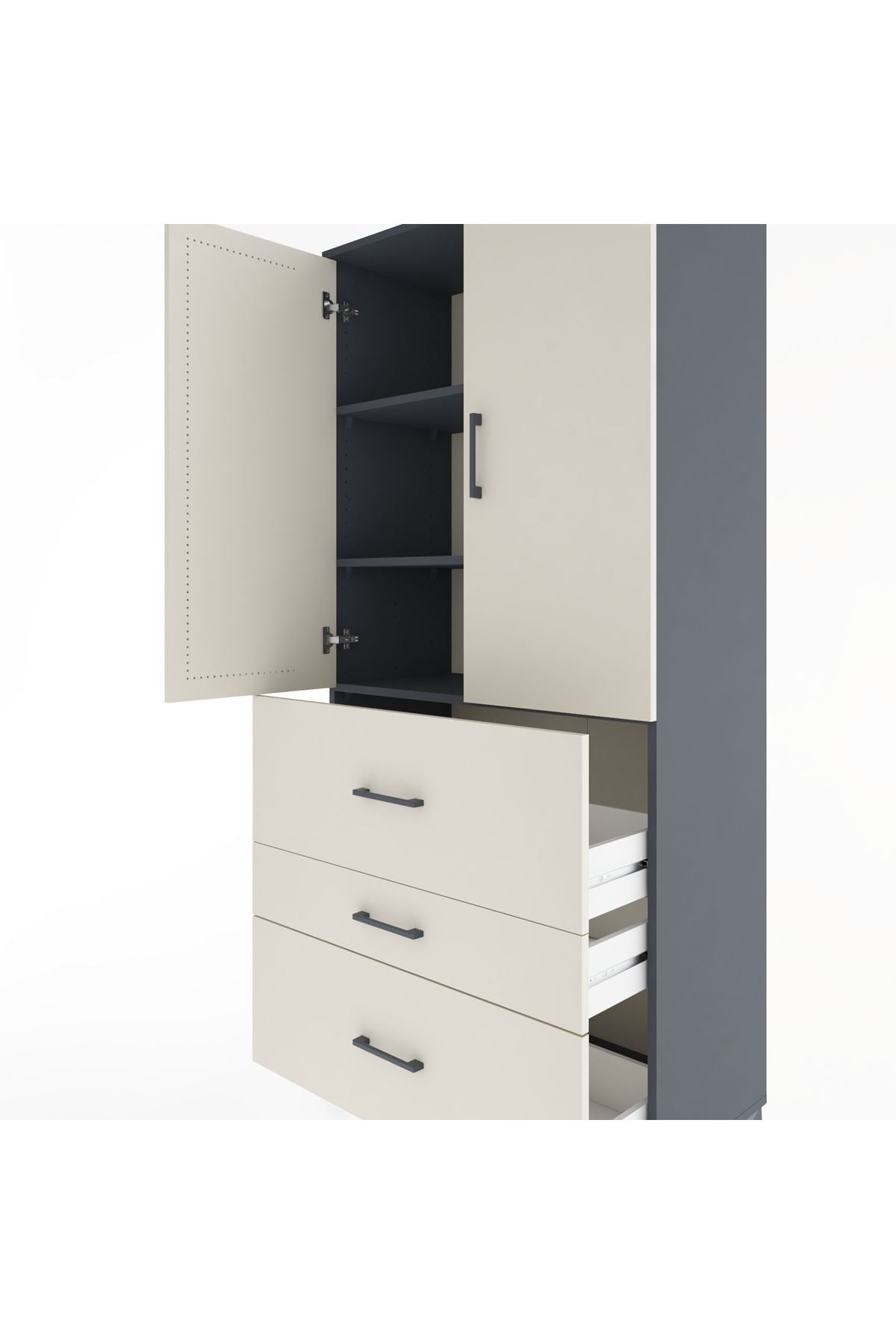 Hyperion Dolap 3 Raflı 3 Çekmeceli 2 Kapaklı 88x44x195 Antrasit-Aytaşı