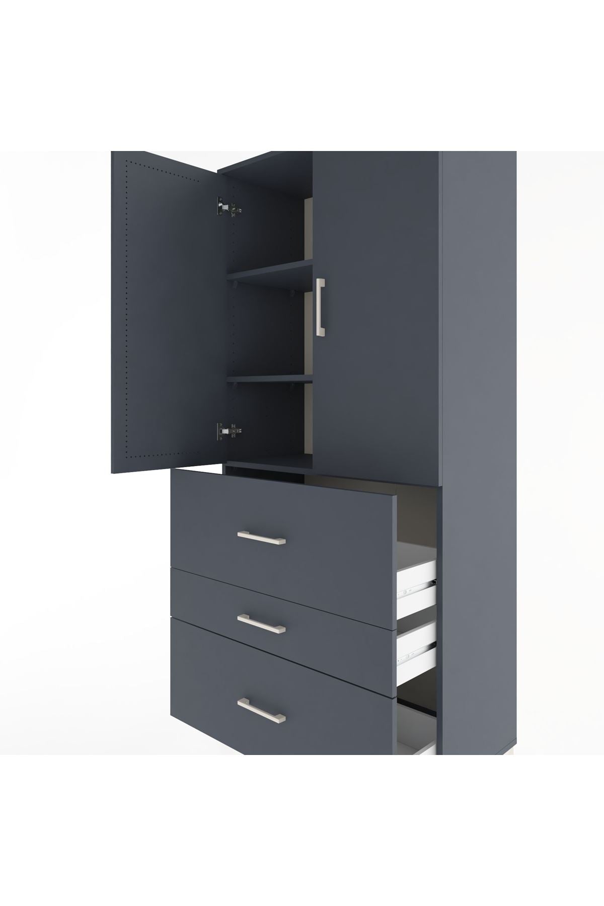 Hyperion Dolap 3 Raflı 3 Çekmeceli 2 Kapaklı 88x44x195 Antrasit-Antrasit