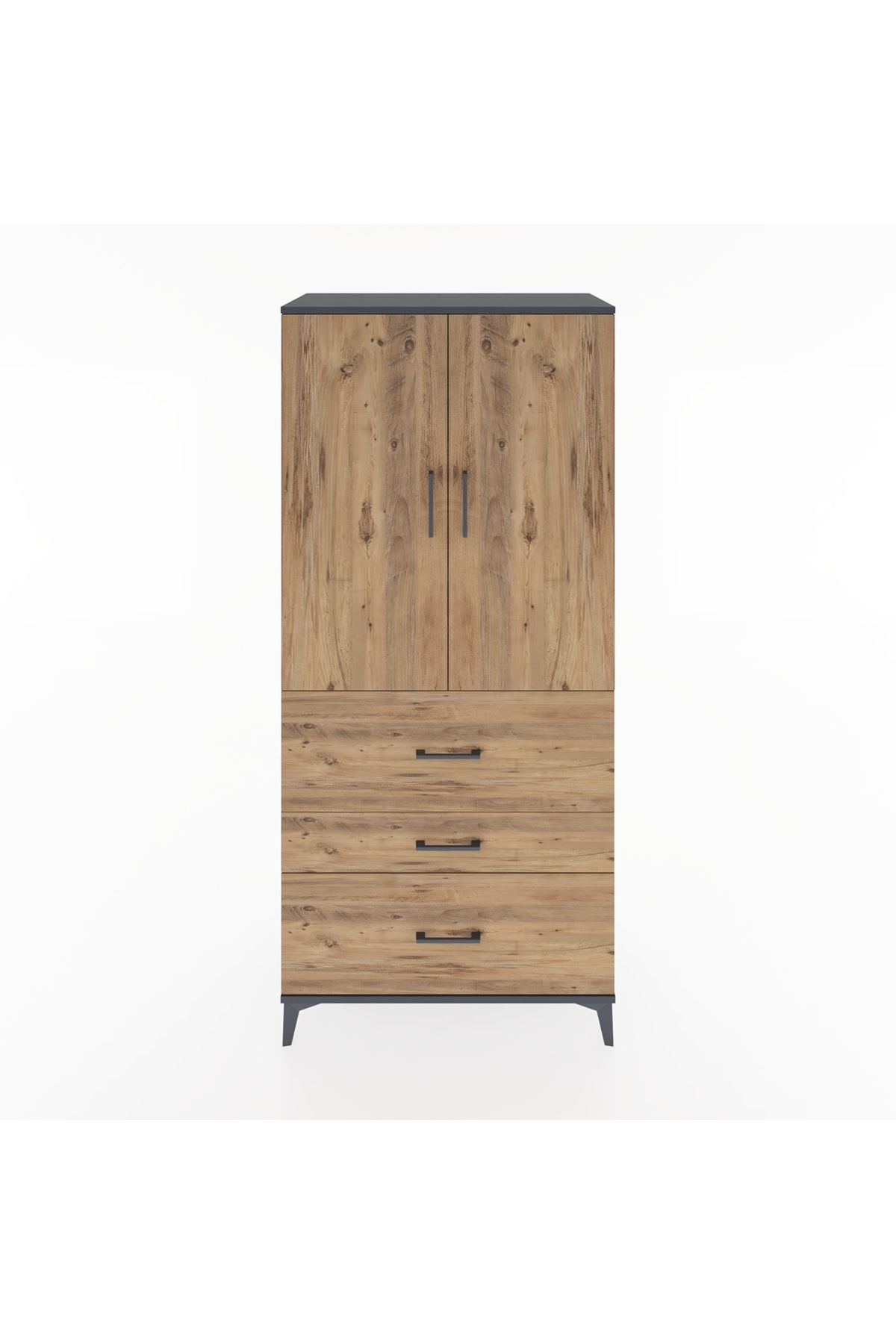 Hyperion Dolap 3 Raflı 3 Çekmeceli 2 Kapaklı 88x44x195 Antrasit-Çam