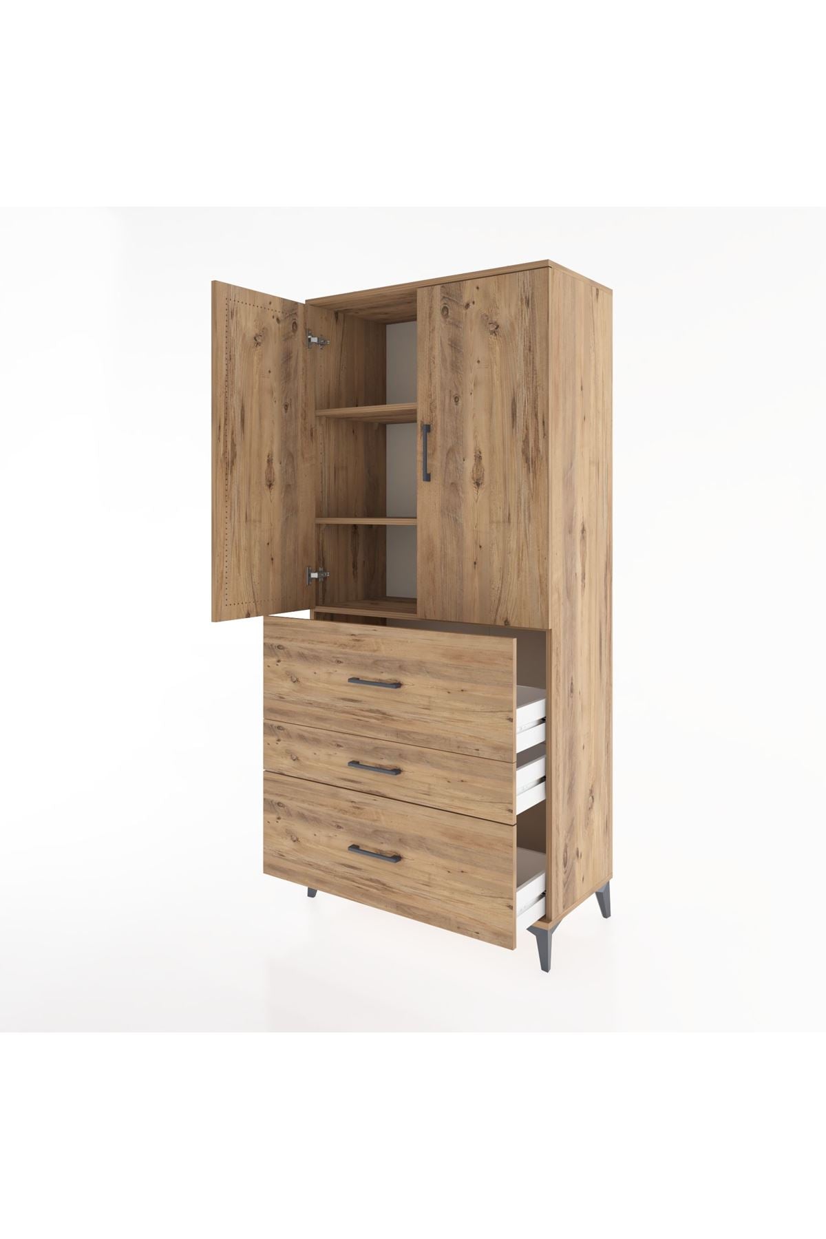 Hyperion Dolap 3 Raflı 3 Çekmeceli 2 Kapaklı 88x44x195 Çam-Çam