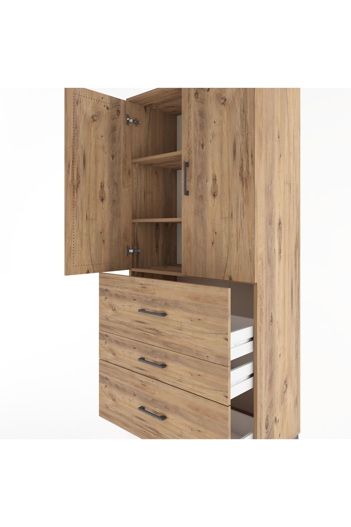 Hyperion Dolap 3 Raflı 3 Çekmeceli 2 Kapaklı 88x44x195 Çam-Çam