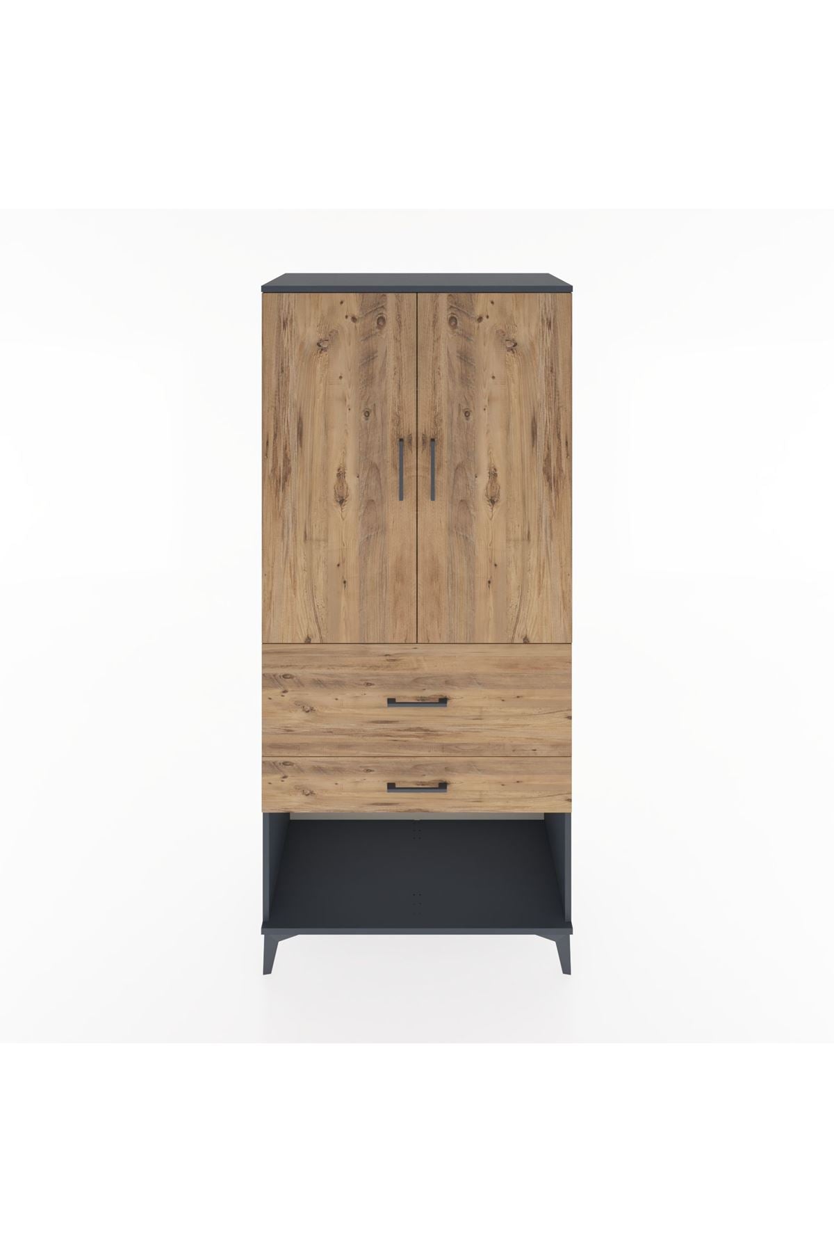 Hyperion Dolap Tek Raflı 2 Çekmeceli Tek Askılı 88x44x195 Antrasit-Çam