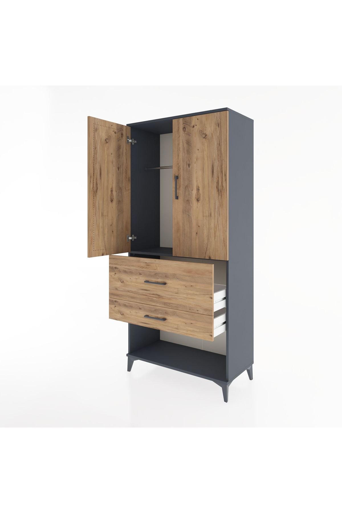 Hyperion Dolap Tek Raflı 2 Çekmeceli Tek Askılı 88x44x195 Antrasit-Çam