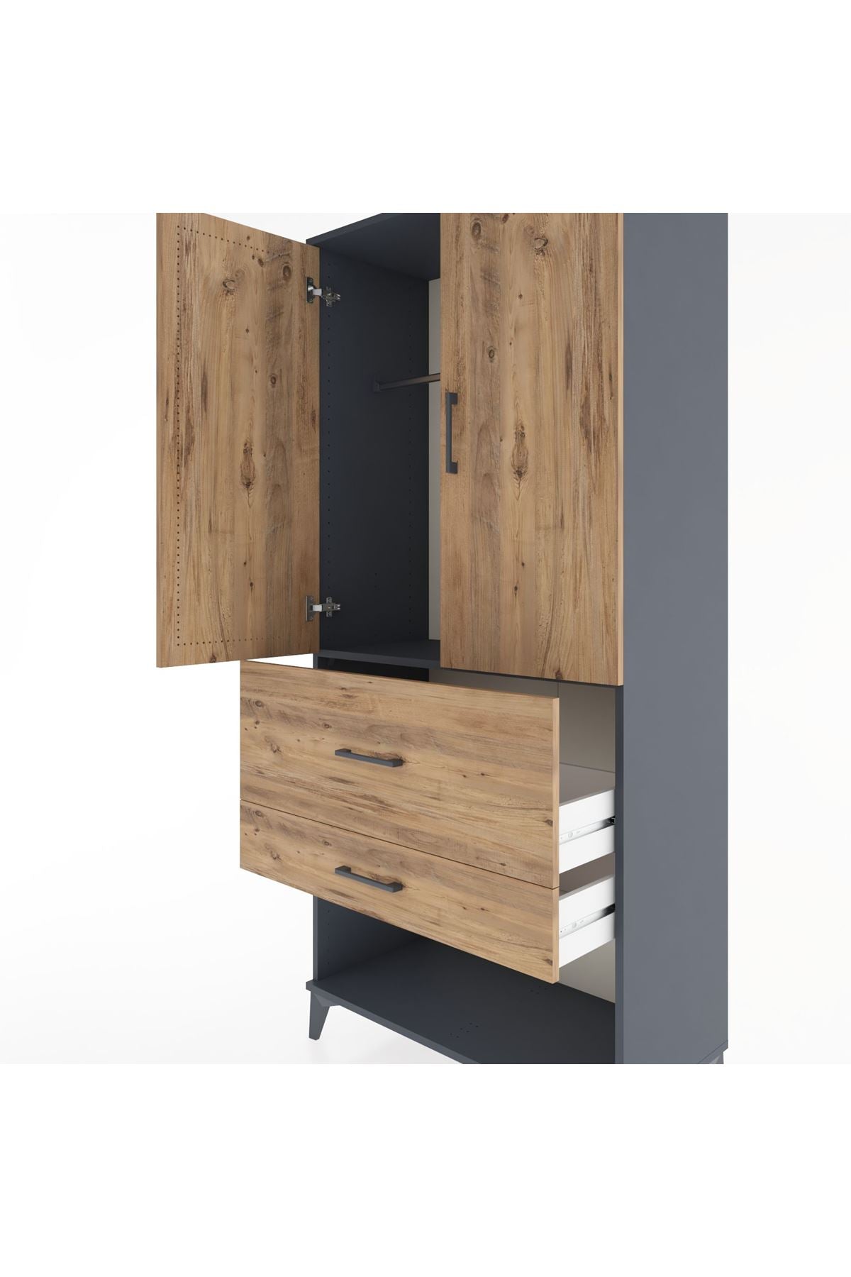 Hyperion Dolap Tek Raflı 2 Çekmeceli Tek Askılı 88x44x195 Antrasit-Çam