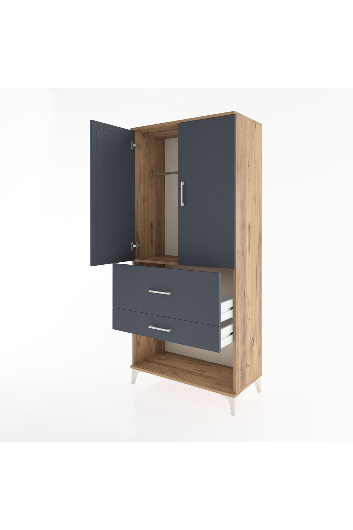 Hyperion Dolap Tek Raflı 2 Çekmeceli Tek Askılı 88x44x195 Çam-Antrasit