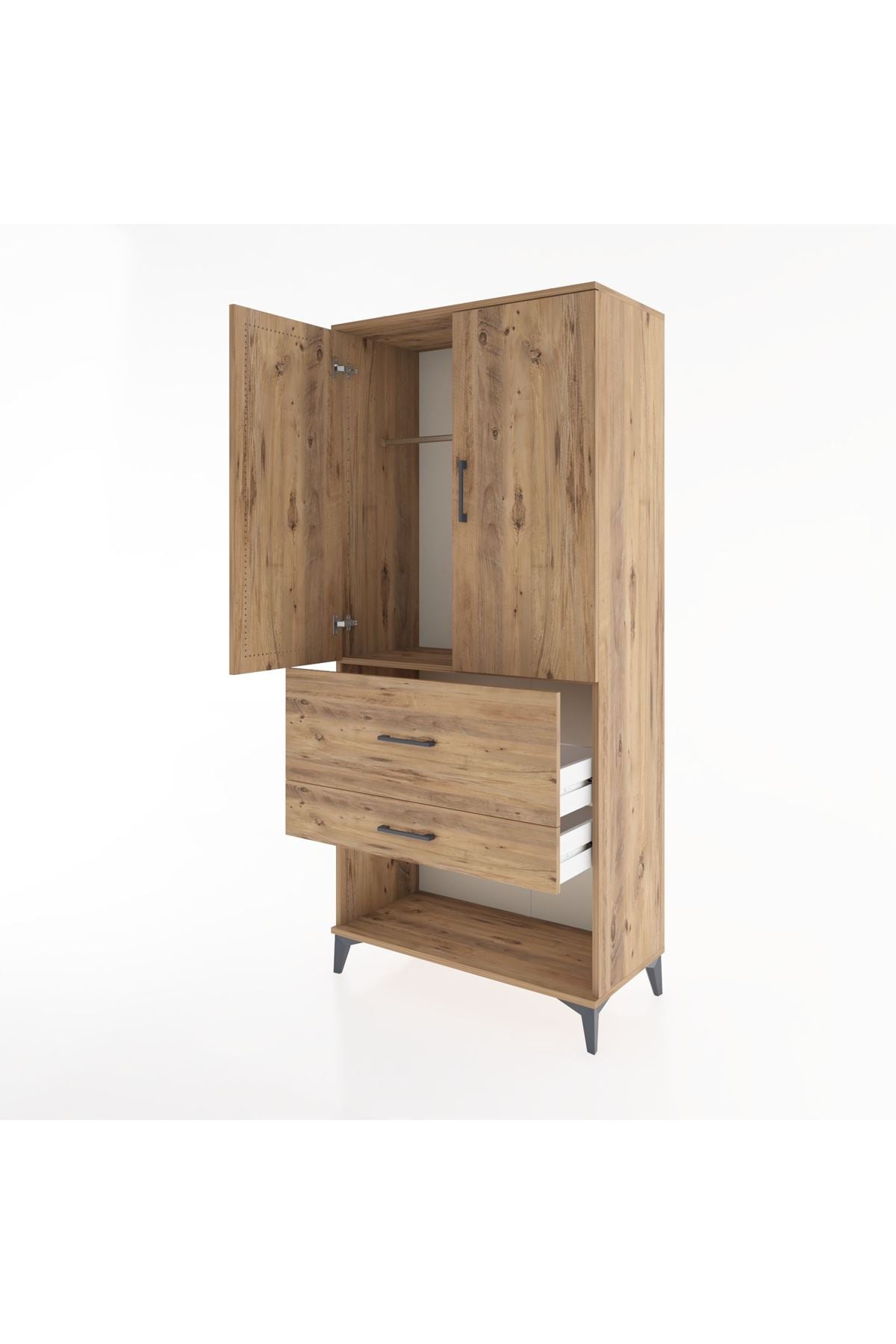 Hyperion Dolap Tek Raflı 2 Çekmeceli Tek Askılı 88x44x195 Çam-Çam