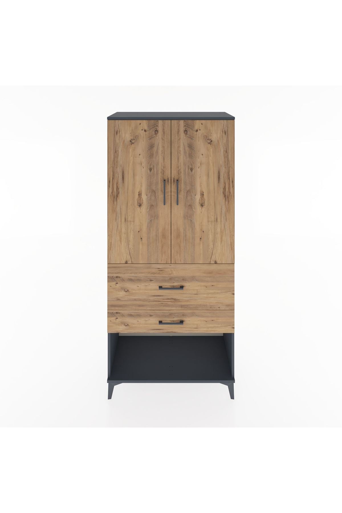 Hyperion Dolap 3 Raflı 2 Çekmeceli 2 Kapaklı 88x44x195 Antrasit-Çam