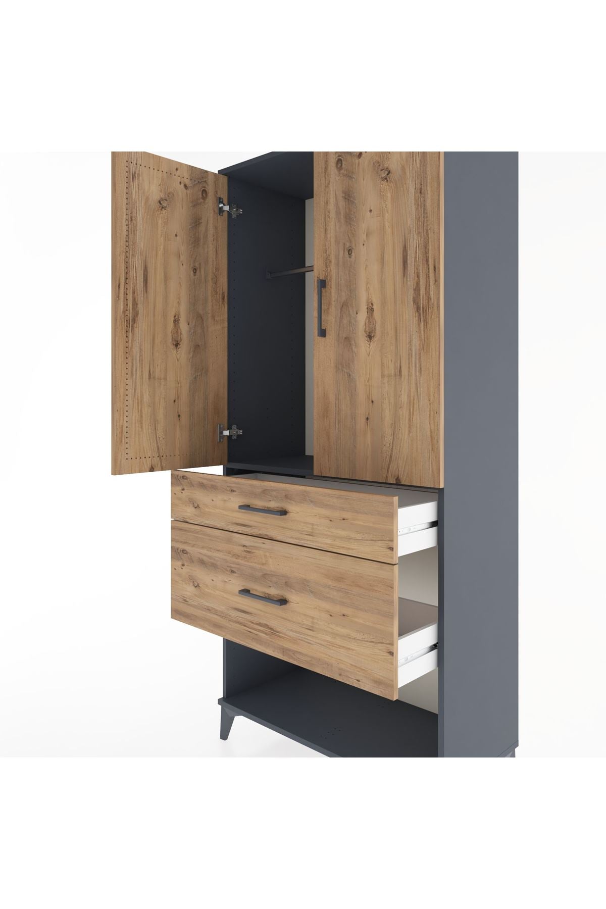 Hyperion Dolap Tek Raflı 2 Çekmeceli Tek Askılı 88x44x195 Antrasit-Çam