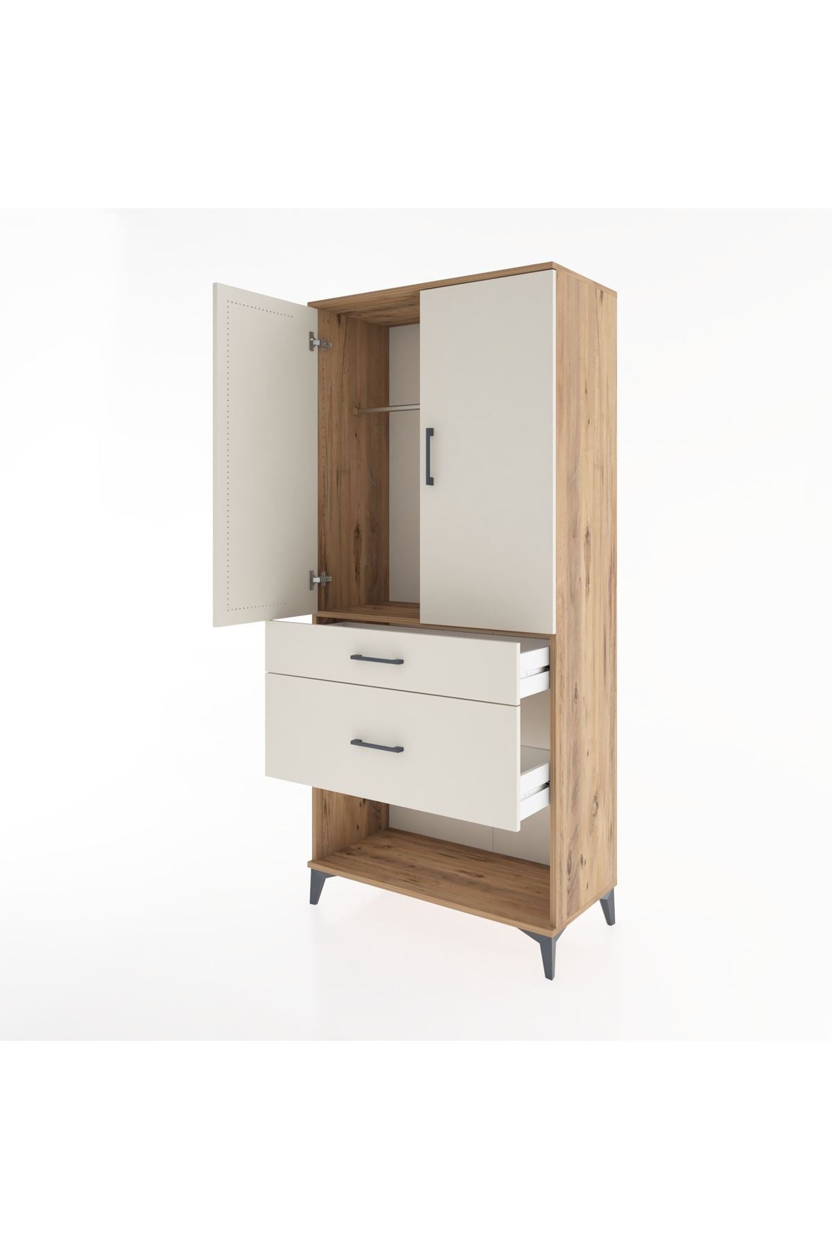 Hyperion Dolap Tek Raflı 2 Çekmeceli Tek Askılı 88x44x195 Çam-Aytaşı