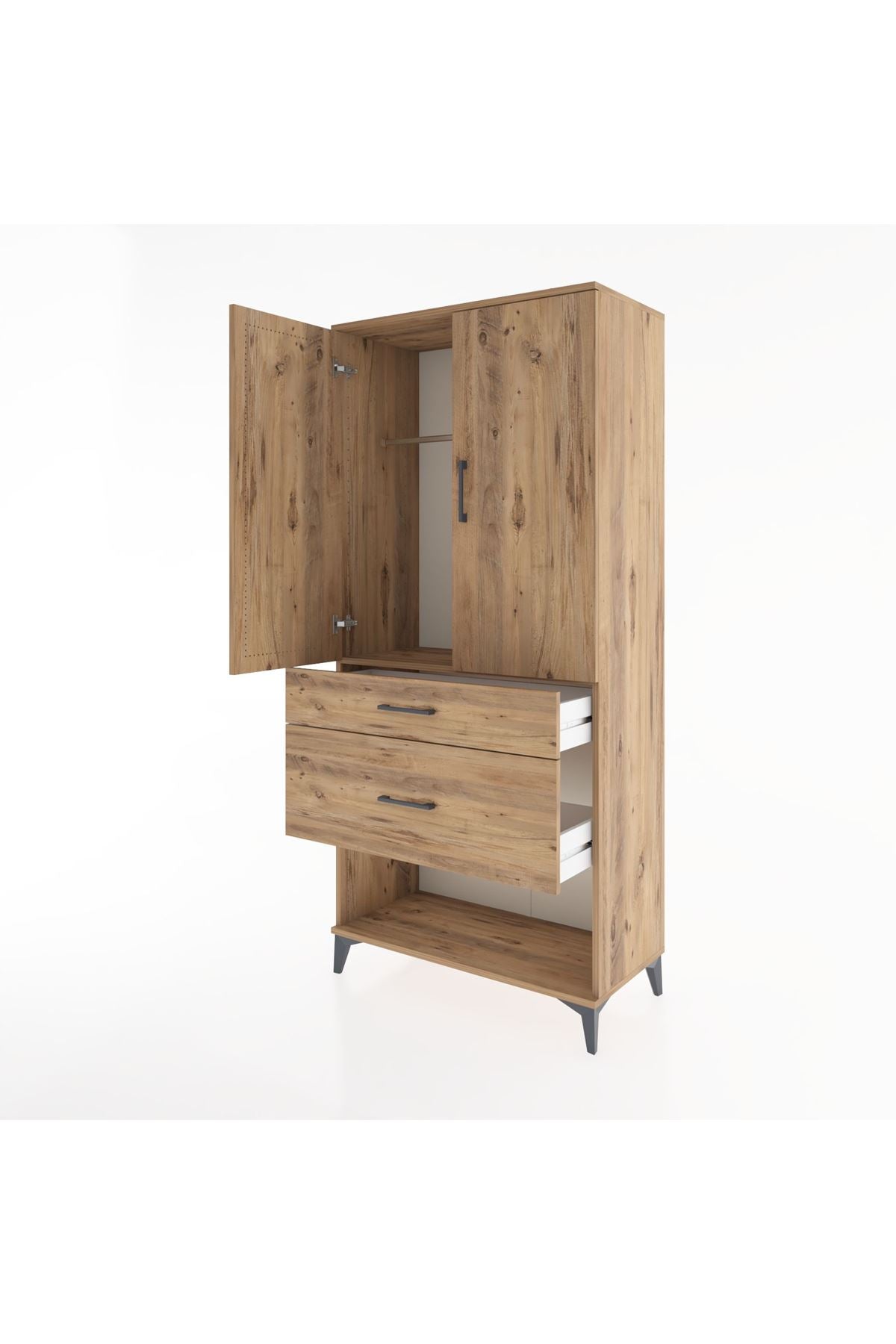 Hyperion Dolap Tek Raflı 2 Çekmeceli Tek Askılı 88x44x195 Çam-Çam