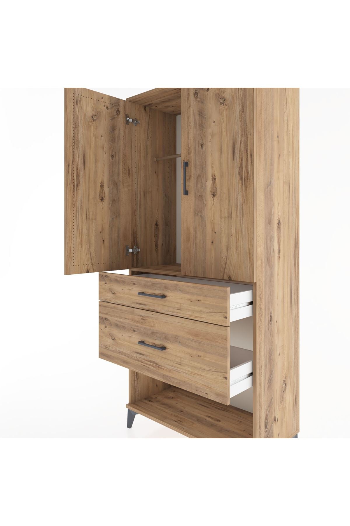 Hyperion Dolap Tek Raflı 2 Çekmeceli Tek Askılı 88x44x195 Çam-Çam