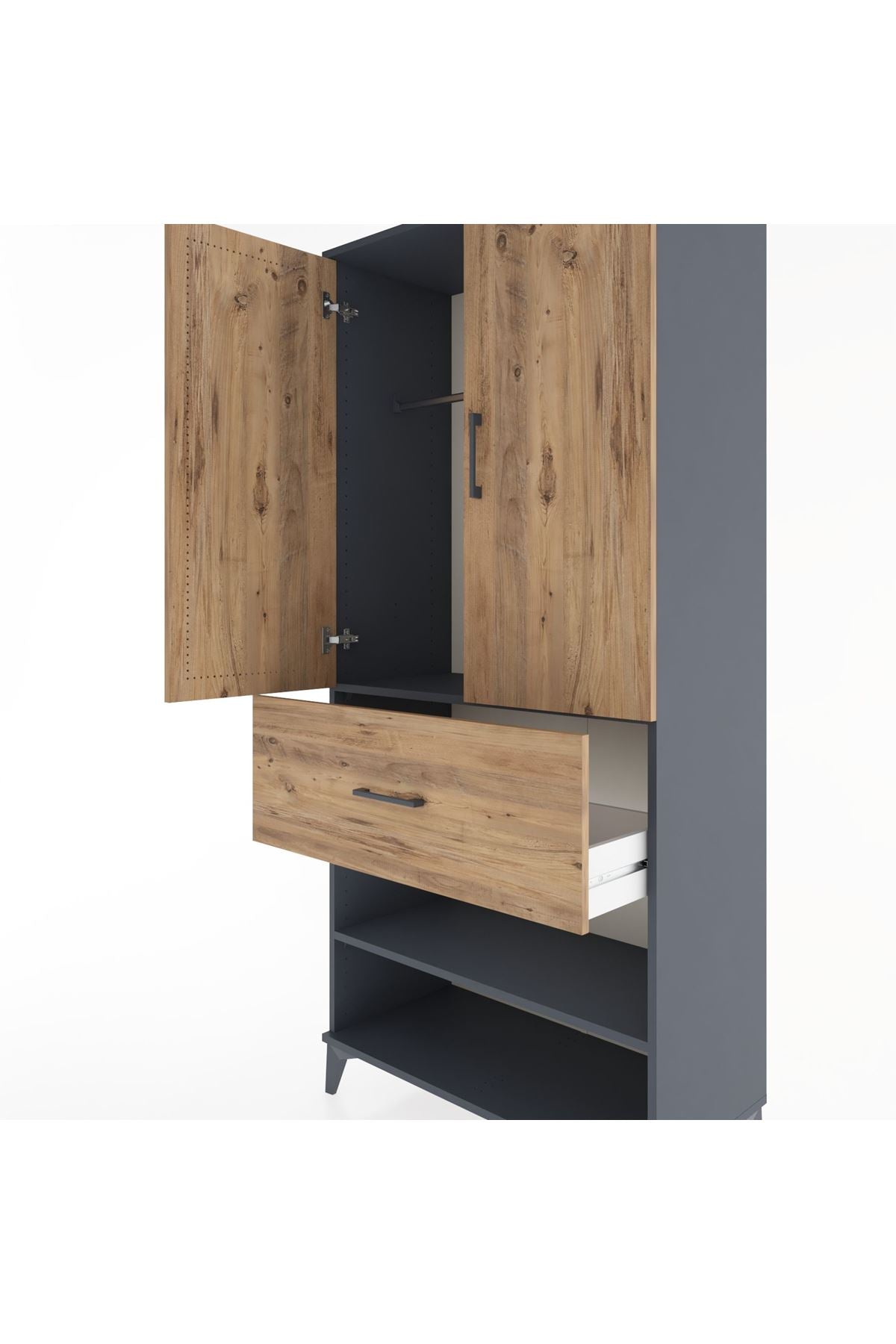 Hyperion Dolap 2 Raflı Tek Çekmeceli Tek Askılı 88x44x195 Antrasit-Çam