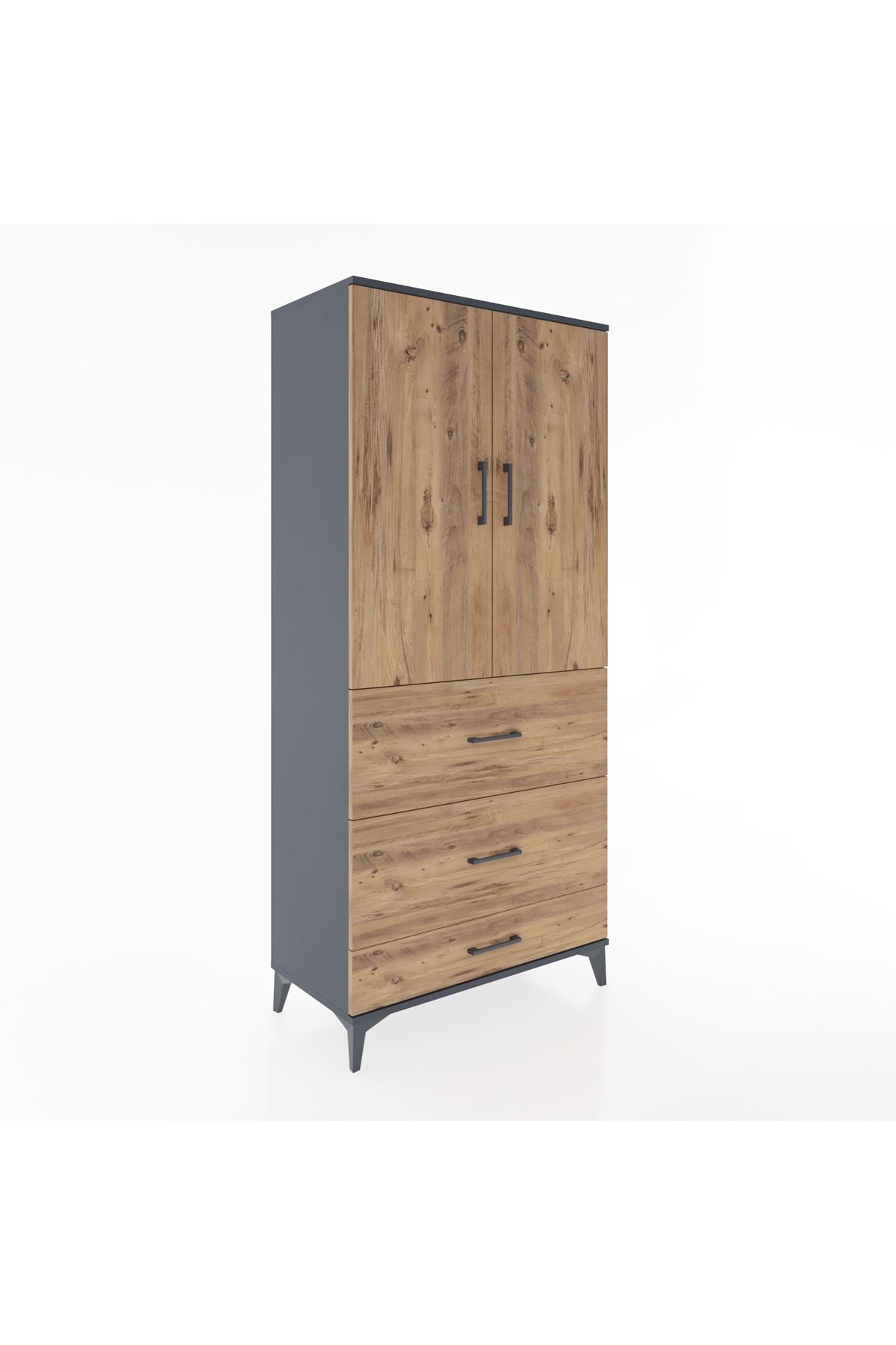 Hyperion Dolap Tek Raflı 3 Çekmeceli Tek Askılı 88x44x195 Antrasit-Çam