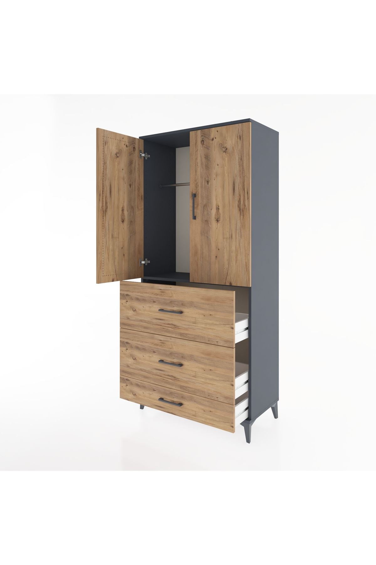 Hyperion Dolap Tek Raflı 3 Çekmeceli Tek Askılı 88x44x195 Antrasit-Çam