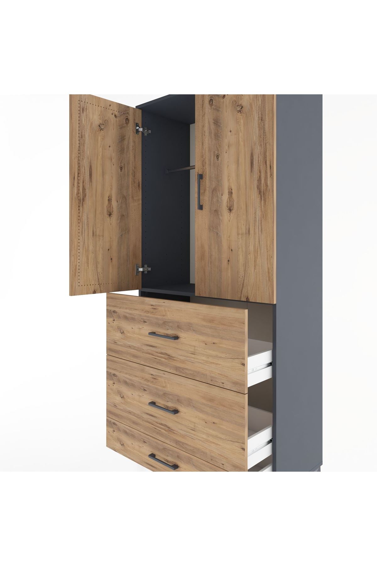 Hyperion Dolap Tek Raflı 3 Çekmeceli Tek Askılı 88x44x195 Antrasit-Çam