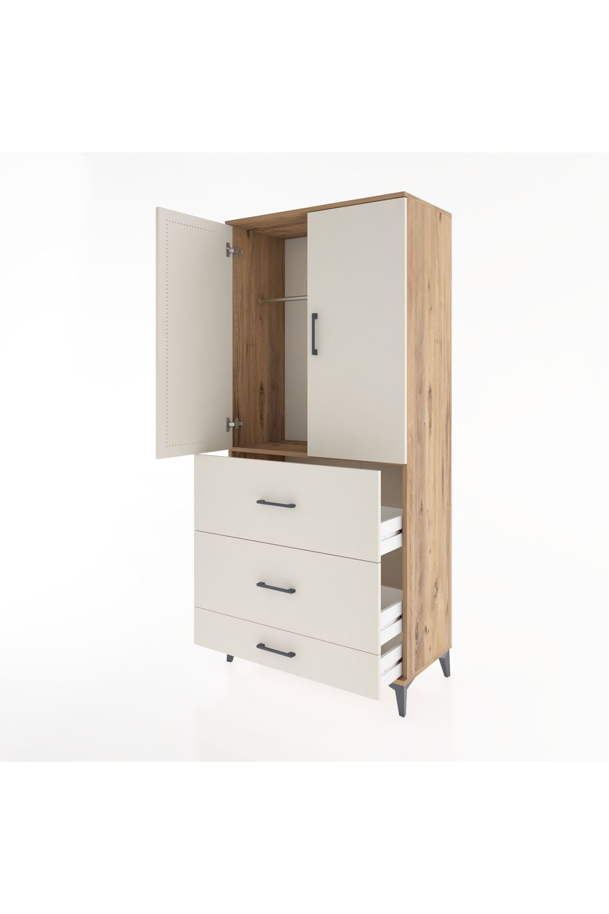 Hyperion Dolap Tek Raflı 3 Çekmeceli Tek Askılı 88x44x195 Çam-Aytaşı