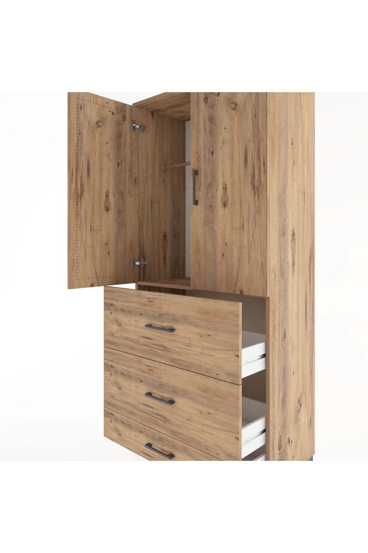 Hyperion Dolap Tek Raflı 3 Çekmeceli Tek Askılı 88x44x195 Çam-Çam