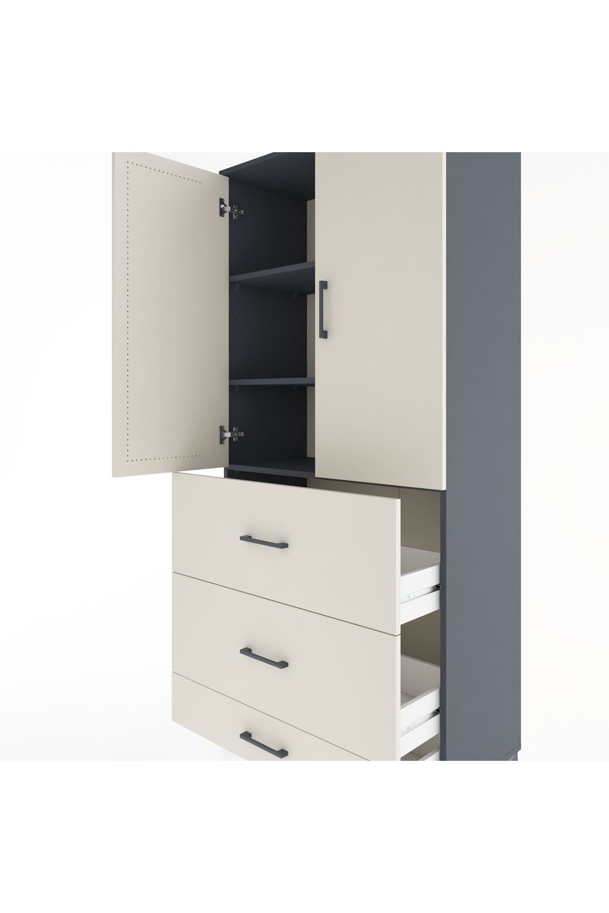 Hyperion Dolap 3 Raflı 3 Çekmeceli 2 Kapaklı 88x44x195 Antrasit-Aytaşı