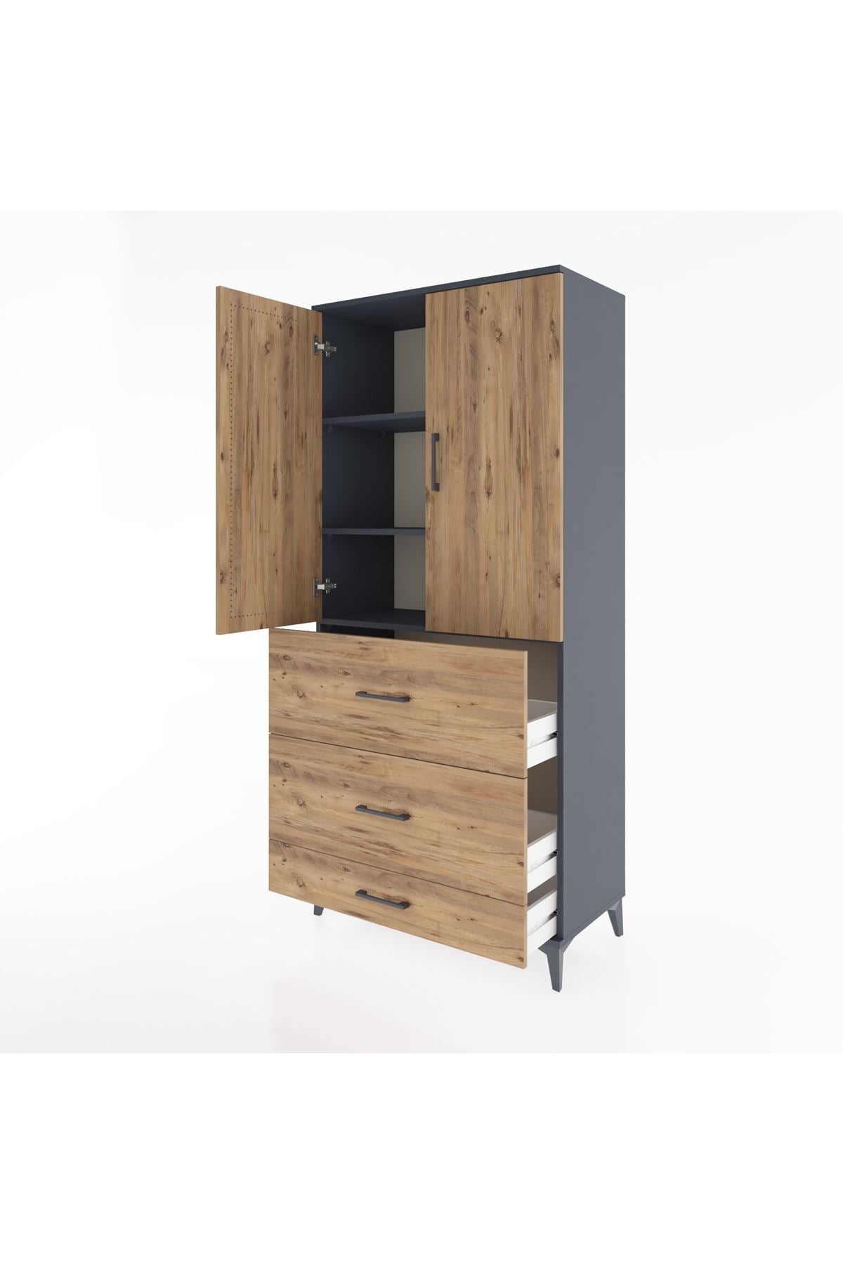 Hyperion Dolap 3 Raflı 3 Çekmeceli 2 Kapaklı 88x44x195 Antrasit-Çam