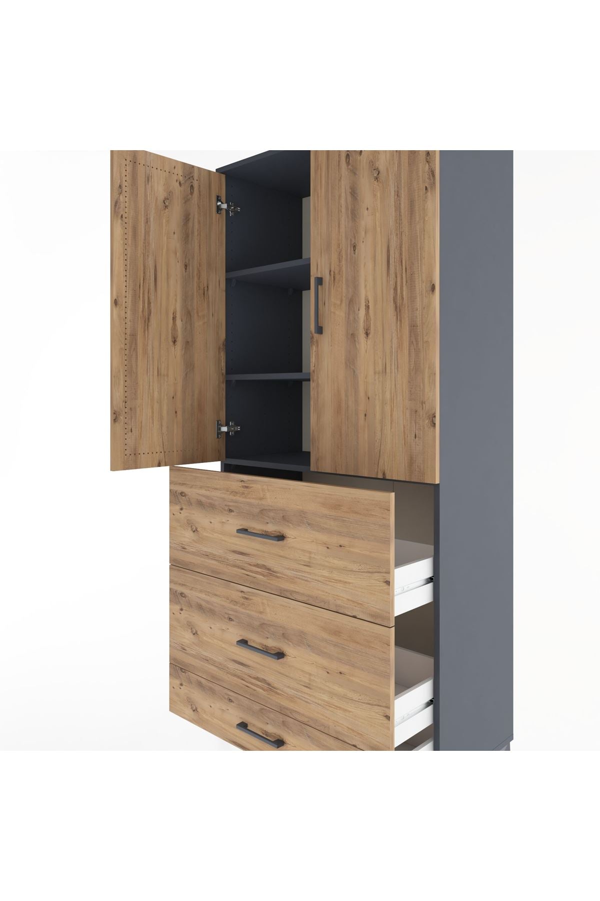 Hyperion Dolap 3 Raflı 3 Çekmeceli 2 Kapaklı 88x44x195 Antrasit-Çam