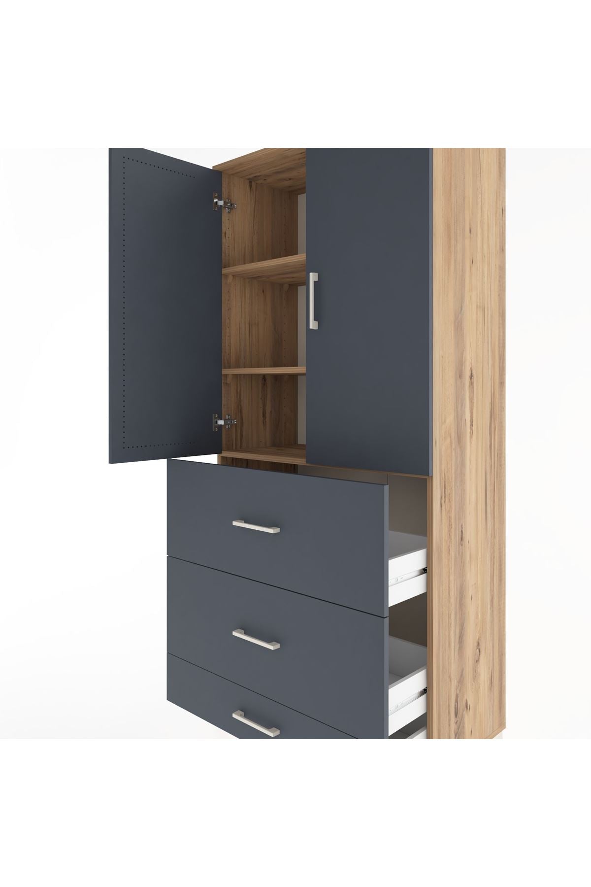 Hyperion Dolap 3 Raflı 3 Çekmeceli 2 Kapaklı 88x44x195 Çam-Antrasit