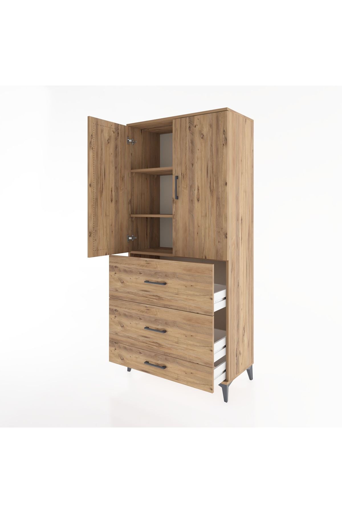 Hyperion Dolap 3 Raflı 3 Çekmeceli 2 Kapaklı 88x44x195 Çam-Çam