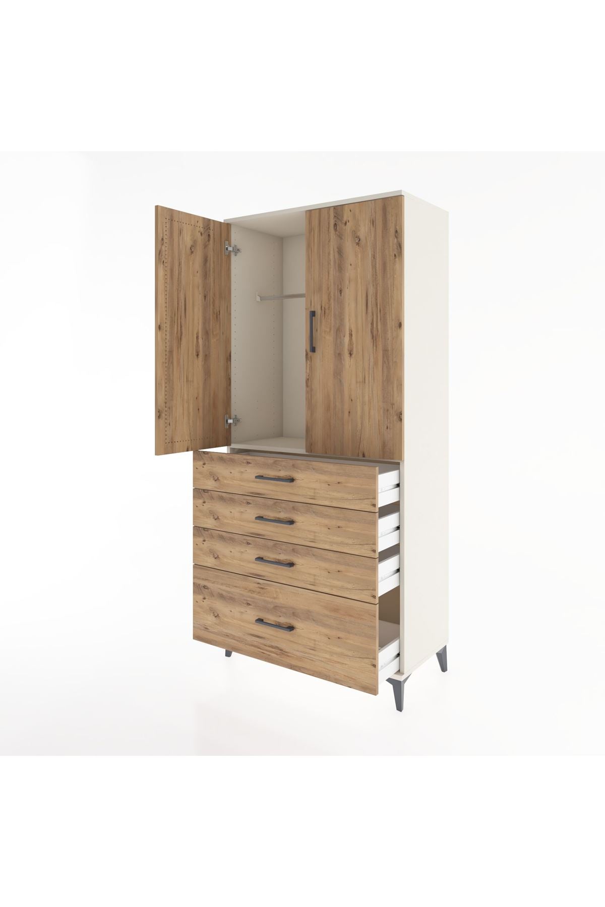 Hyperion Dolap Tek Raflı 4 Çekmeceli Tek Askılı 88x44x195 Aytaşı-Çam