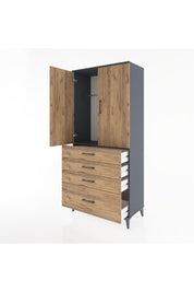 Hyperion Dolap Tek Raflı 4 Çekmeceli Tek Askılı 88x44x195 Antrasit-Çam
