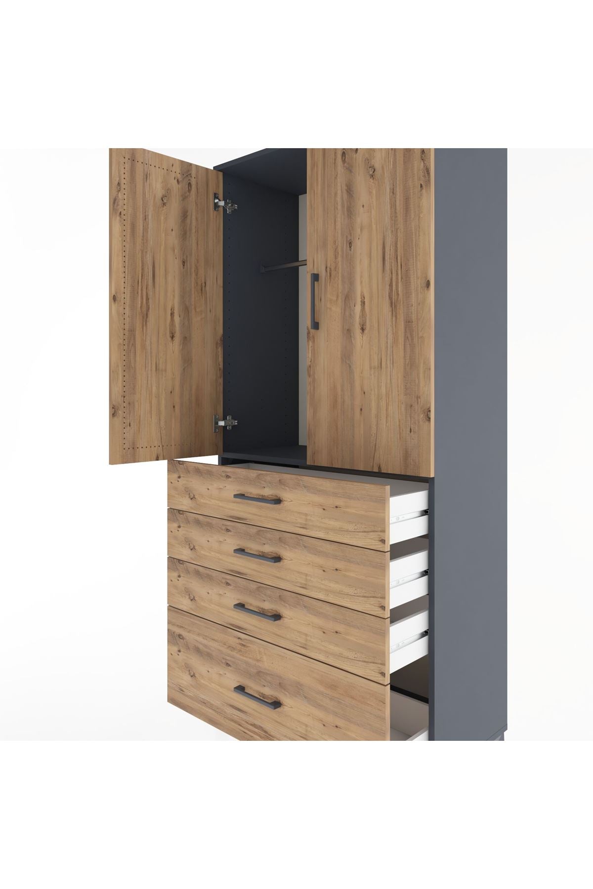 Hyperion Dolap Tek Raflı 4 Çekmeceli Tek Askılı 88x44x195 Antrasit-Çam