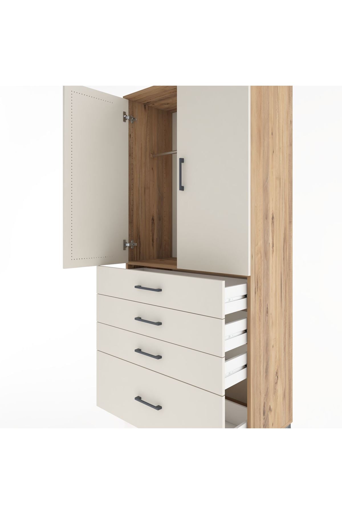 Hyperion Dolap Tek Raflı 4 Çekmeceli Tek Askılı 88x44x195 Çam-Aytaşı