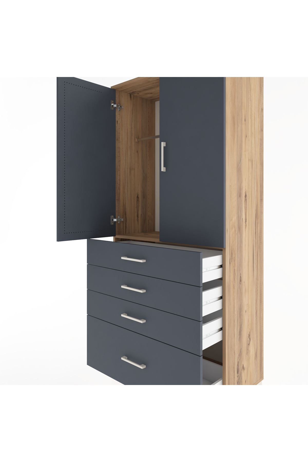 Hyperion Dolap Tek Raflı 4 Çekmeceli Tek Askılı 88x44x195 Çam-Antrasit